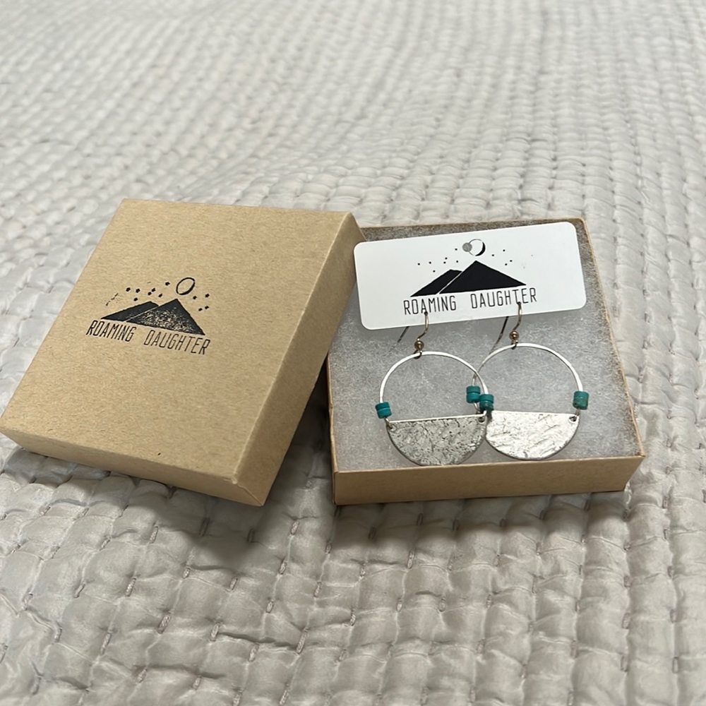 Handmade Hammered Silver Turquoise Half Moon Earrings | Boho Statement